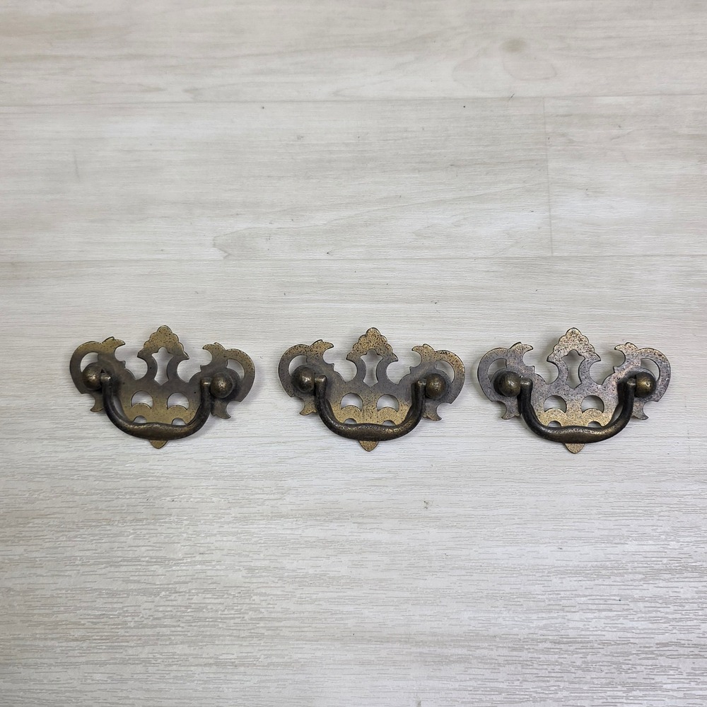Set of 3 Vintage Aged Brass Batwing Drawer Pulls Chippendale Style 3 Inch